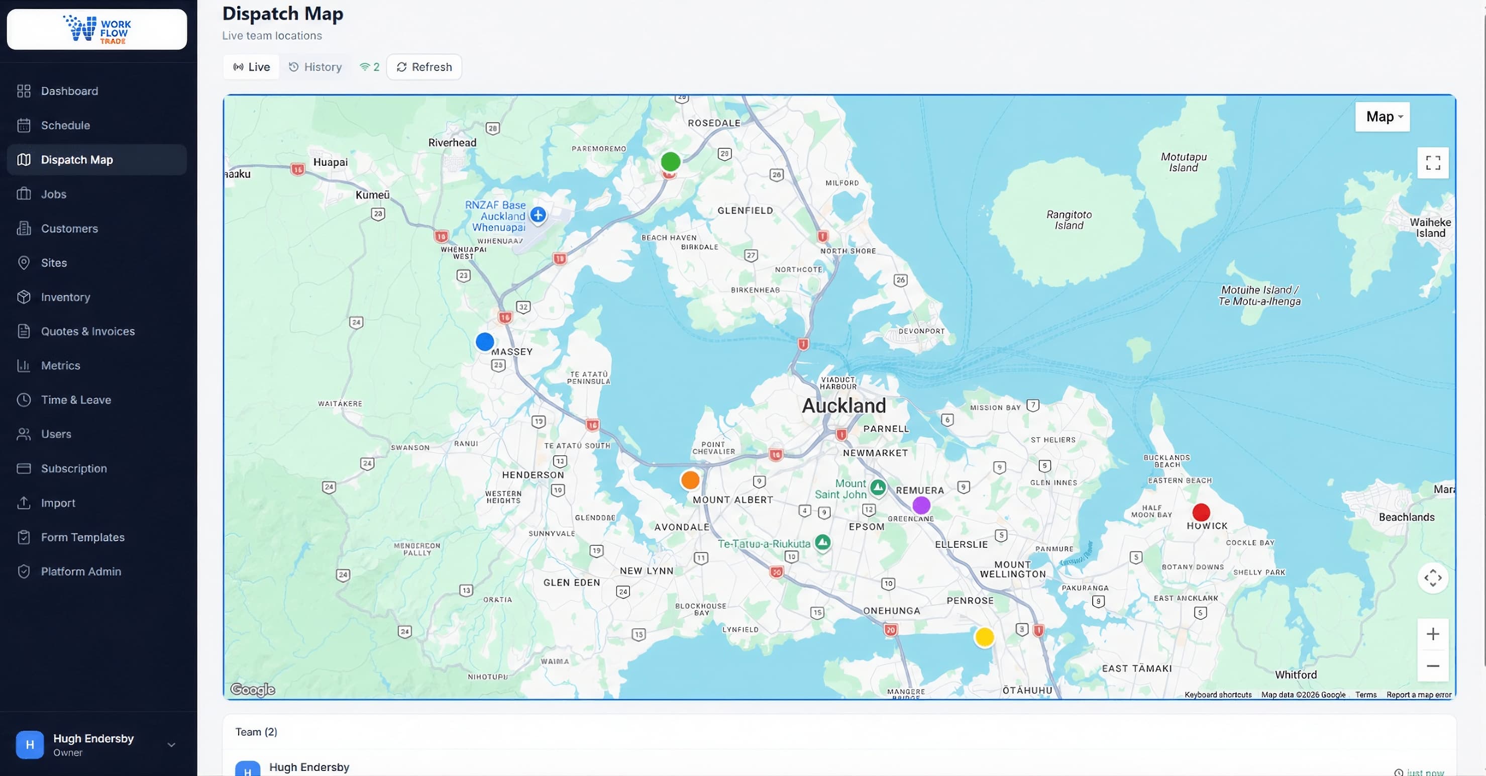 Live GPS dispatch map showing tech locations across Auckland