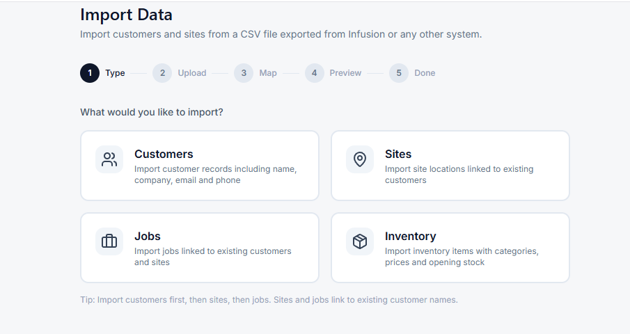 CSV import wizard for customers, sites, jobs and inventory