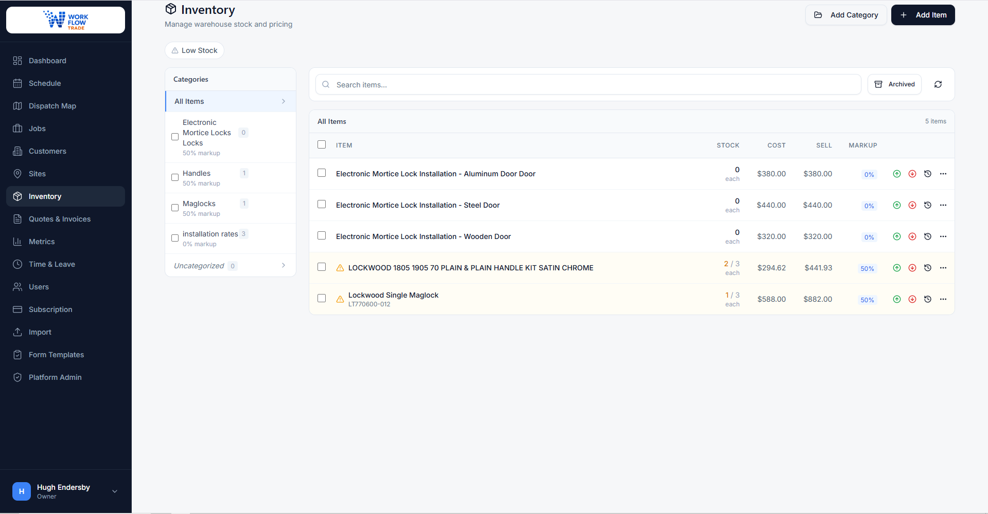 Inventory management with categories, stock levels and pricing