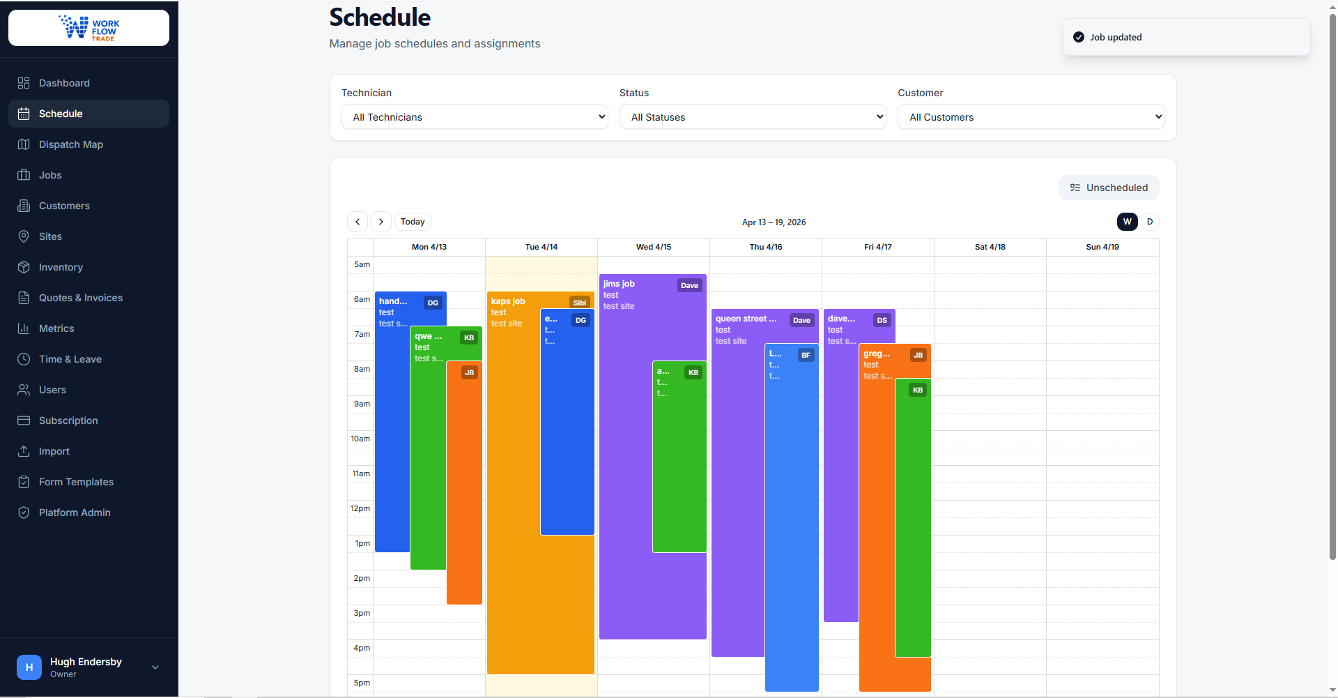 Weekly schedule calendar with colour-coded jobs